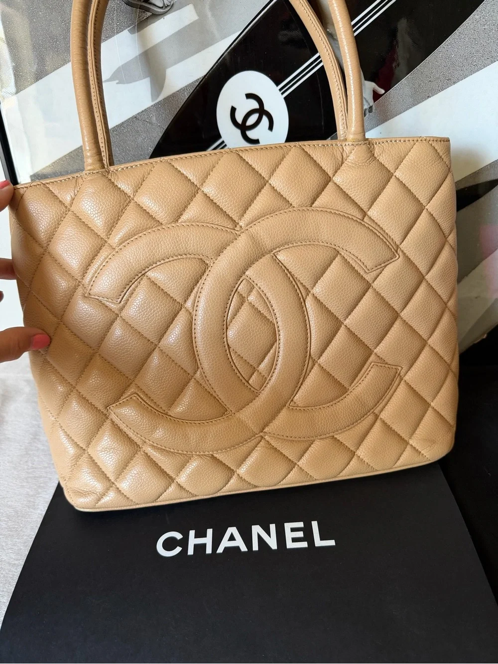 CHANEL Medallion Tote Bag Beige Caviar Leather Large CC Logo